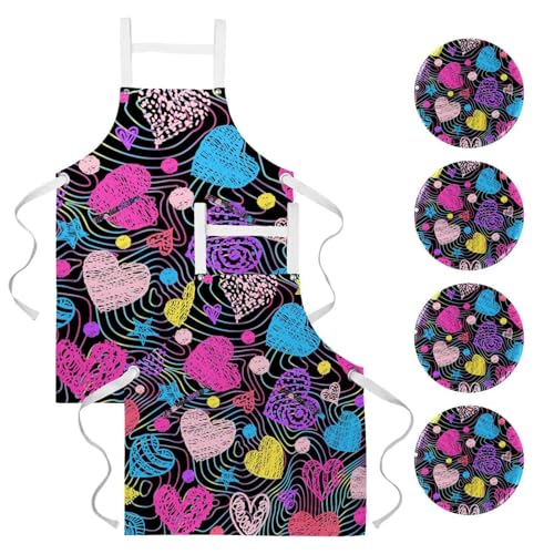 Lot de 2 tabliers de cuisine à lignes colorées rose et bleu avec 4 broches