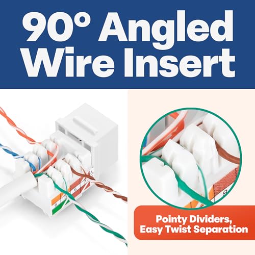 Image of Everest 90 Degree RJ45 Cat5e Keystone Jacks Slim Profile 50-Pack White | Compatible with 90 Angled Speed Termination Tool - easyJACK (B094WB91H3)