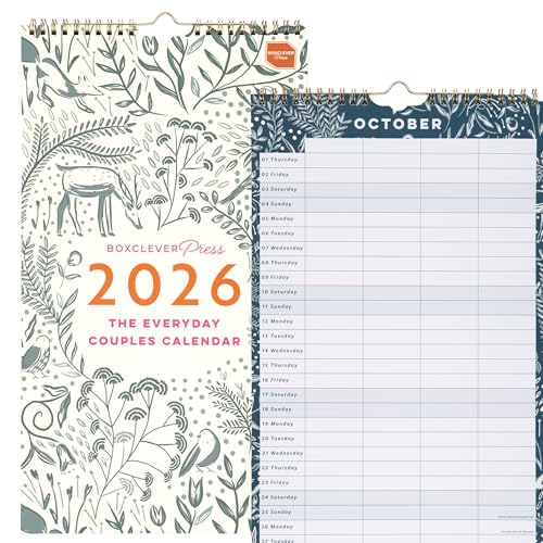 Boxclever Press Everyday Couples Wall Calendar 2026. Slimline 2026 Calendar runs Jan - Dec26. Stunning 2026 Wall Calendar with 4 Column Layout. Family Calendar 2026 measures: 22 x 39 cm