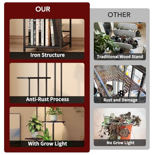 Image of Homsorout Plant Stand Indoor with Grow Light - 6-Tier Metal Plant Shelf with Hanging Basket Hook, Corner Tall Flower Holder for Multiple Plants, Living Room Balcony Garden Patio, Black