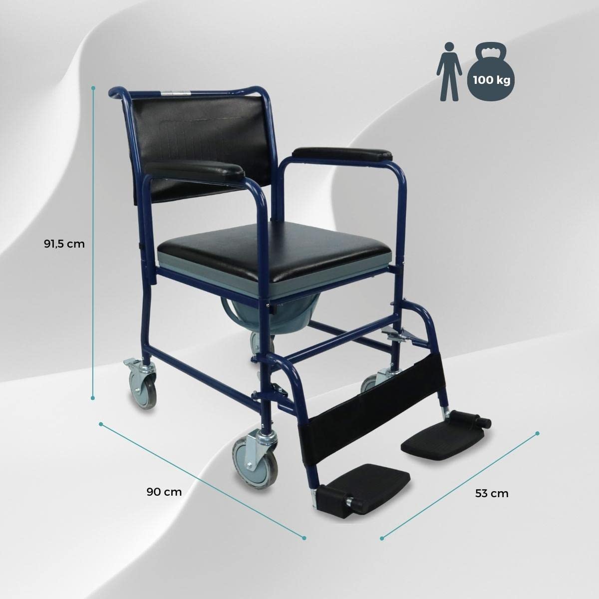 Mobiclinic®, Silla con wc, Tapa, Ruedas para fácil transporte, Sistema de frenado, Reposapiés abatibles y extraíbles, Inodoro extraíble, Reposabrazos asiento acolchados, Acero