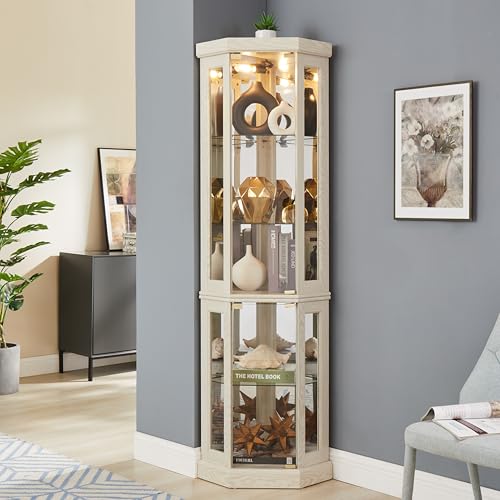 KEIKI 70 Corner Glass Display Cabinet with Adjustable Shelves for Collectibles Storage Curio Cabinet with Side-Hung Pane Doors 5-Tier Showcase Display Case Easy Assembly for Living Room White