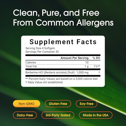 Image of NatureBell Berberine 1,000mg - 120 Softgels - Antioxidant, Alkaloid & Adaptogenic Support* - Made with MCT Oil - Gluten-Free, Dairy-Free, Soy-Free