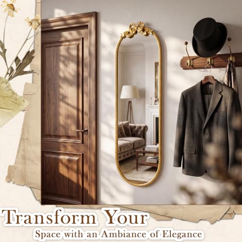 Image of Vercraft Gold Bow Mirror 47 inch X 16 inch Vintage Arched Vanity Wall Decorative Mirror with Metal Frame Antique Baroque Bow Decor for Home Dressing Table Entryway Bathroom Hallway Living Room