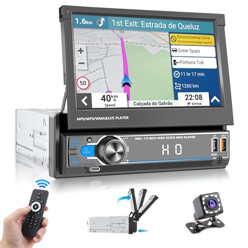 Hikity 1 DIN Autoradio con 7 Inch Manual Plegable Touch Display Radio de Coche Plegable Pantalla Táctil Bluetooth 2USB/SWC/FM Radio/AUX/TF/Type-C Charging/Mic mit Mirror Link Cámara de Marcha Atrás