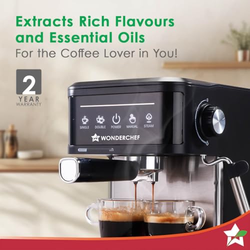 Image of Wonderchef Regalia Neo 20 Bar Espresso Coffee Maker | Espresso, Cappuccino, Latte & Mocha | Steam Frother | Metal Portafilter | 1.5L Tank | 1200W | 2-Year Warranty