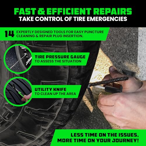 Image of Rhino USA Compact Tire Repair Kit (14-Piece) - Heavy Duty Plug Set with Included Lubricant to Fix Punctures and Seal Flats - Tubeless Tool for Car, Motorcycle, ATV, UTV, RV & Trailer