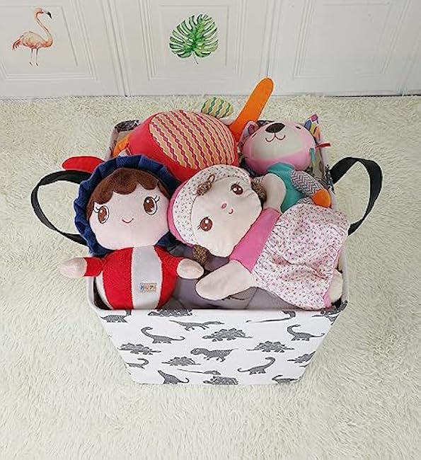 Square Storage Bin Canvas Fabric Storage Basket, Waterproof Coating Toy Organizer with Handles, Gift Basket for Home, Office, Clothes, Toy, Shelf Basket (Square Gray Dinosaur)