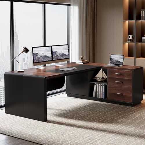 Image of Tribesigns 80'' L-Shaped Desk Set of 4, Large Executive Office Desk with 55'' Drawers Cabinet, Modern Computer Table with Storage Shelves, Business Furniture for Office, Walnut & Black