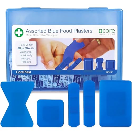 Blue Catering Plasters Assorted Hard Box 100x CorePlast Metal Detectable. Washproof Waterproof Medical Plaster Catering First Aid Kits Easy Open high stickability Tough Cushioned Wound Dressing
