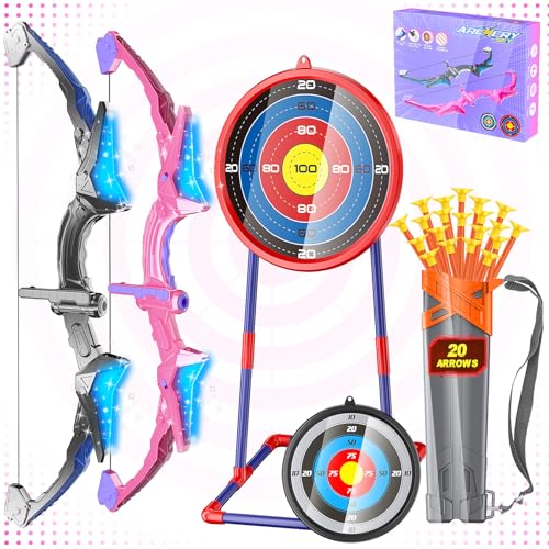 HOLIBIBE 2 Pack Kids Bow and Arrow, 20 Suction Cup Arrows, 2 Archery Targets&Quiver, Light-up Set for Kids Ages 4-8 8-12, Indoor Outdoor Toys for Boys...