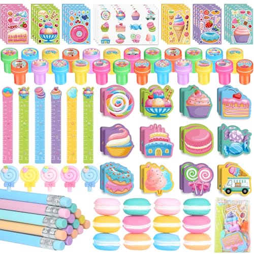 BenLouis 96Pcs Candyland Party Favors Ice Cream Donut Mini Notebook Stampers School Stationery Bulk for Kids Lollipop Sweet Treats Birthday Goodie Bags Pinata Filler Classroom Prizes Supplies