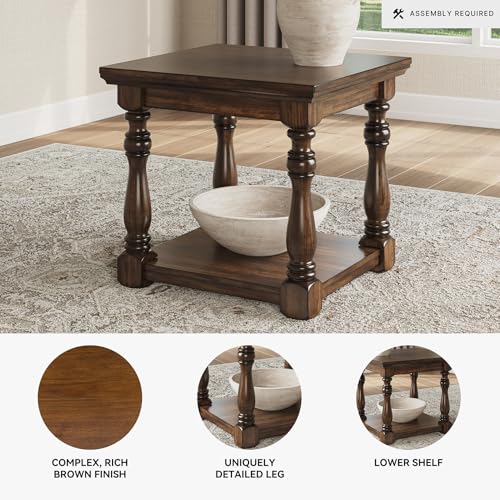 Image of Signature Design by Ashley Sturlayne End Table, Traditional Rectangular Accent Table with Storage Lower Shelf, Hardwood Solids, Veneers, and MDF Substrates, for Living Room Couch, Dark Brown