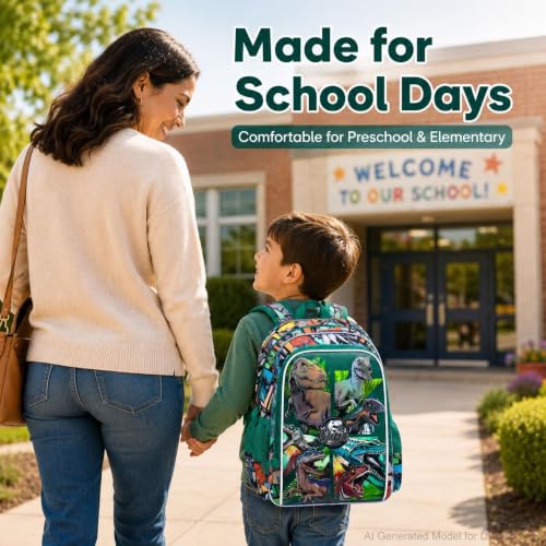 Image of CCJPX 3PCS Dinosaur Backpack for Boys, 16 Inch Water Resistant Preschool Bookbags, Cool Kindergarten School Backpacks and Lunch Box(Green)