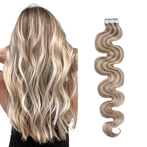 Ugeat Tape in Hair Extensions Human Hair 22 Inch Body Wave Tape in Hair Extensions 50Grams Tape in Ash Blonde with Bleach Blonde Hair Extensions Tape in 20PCS