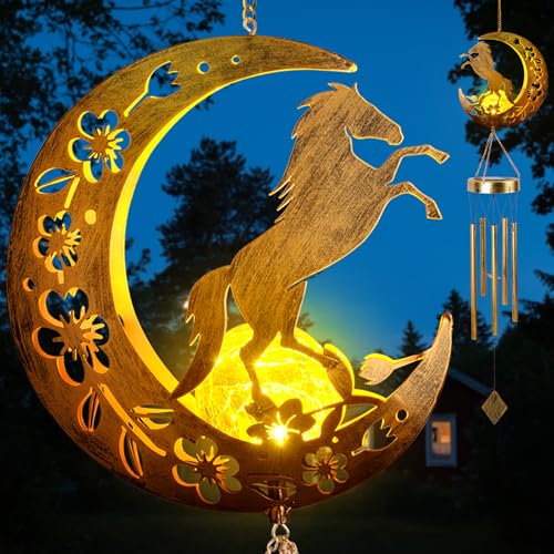 Moon Horsebird Wind Chime Outdoor Handcrafted Metal Garden Wind Chimes with Horse & Bird Charms Melodic Wind Bells for Patio Porch Decor Weatherproof Gift for Equestrian & Nature Lovers
