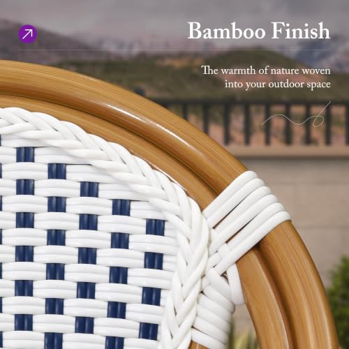 Image of PURPLE LEAF Outdoor Dining Chair Set of 4 Patio French Aluminium Frame in Bamboo Finish with Sky Blue & White Woven Rattan for Indoor Kitchen Deck Bistros Cafe Restaurant