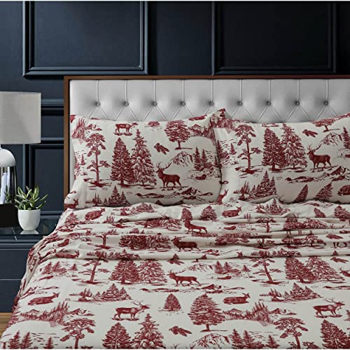 Tribeca Living 100% Cotton Flannel Sheet Set - 200 GSM, Deep Pocket, Ultra Soft & Cozy, California King, Deer Toile Deep Red