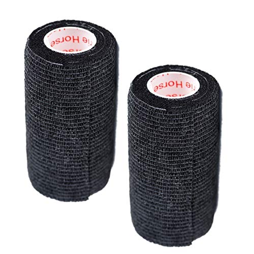 Image of Vet Wrap Tape (Black) (2 Pack) (4 Inch x 15 feet) Self Adhesive Adherent Adhering Cohesive Flex Self Stick Bandage Grip Roll Dog Cat Pet Horse