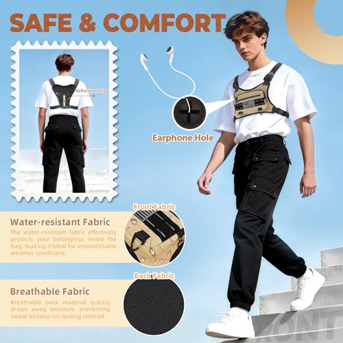 Image of Muserise Sports Chest Bag For Men Women, Water Resistant Lightweight Front Chest Pack, Running Vest Bag With Built-In Phone Holder & Extra Storage For Workouts, Running, Cycling (Khaki)