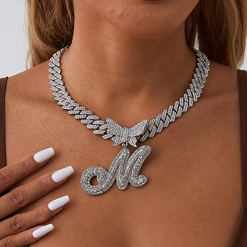 Silver Cuban Link Chain for Women 14k Gold Plated Letter Necklace Initial Custom Chain Name Necklaces Personalized Necklace Iced Out Chains Pendants Bling Necklaces Hip Hop Jewelry for Women2
