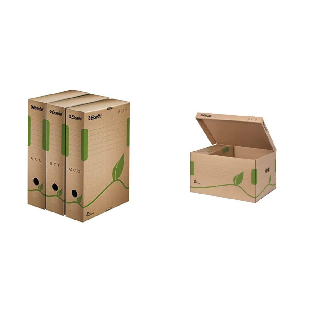 Esselte 623916 Archiv-Schachtel ECO, DIN A4, braun, (B) 80 mm & Ablage- und Transportbox, Obere Öffnung und integrierter Deckel, 100% recycelte Wellpappe, Naturbraun, Eco Archiv Serie, 623918