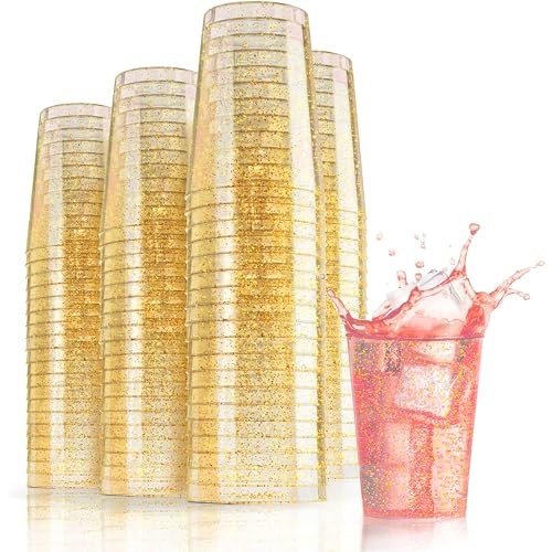 Exquisite Vasos de plástico desechables de color dorado, vasos de plástico transparente de 10 onzas, 200 unidades, vasos con purpurina, vasos desechables con purpurina dorada para fiestas, bodas