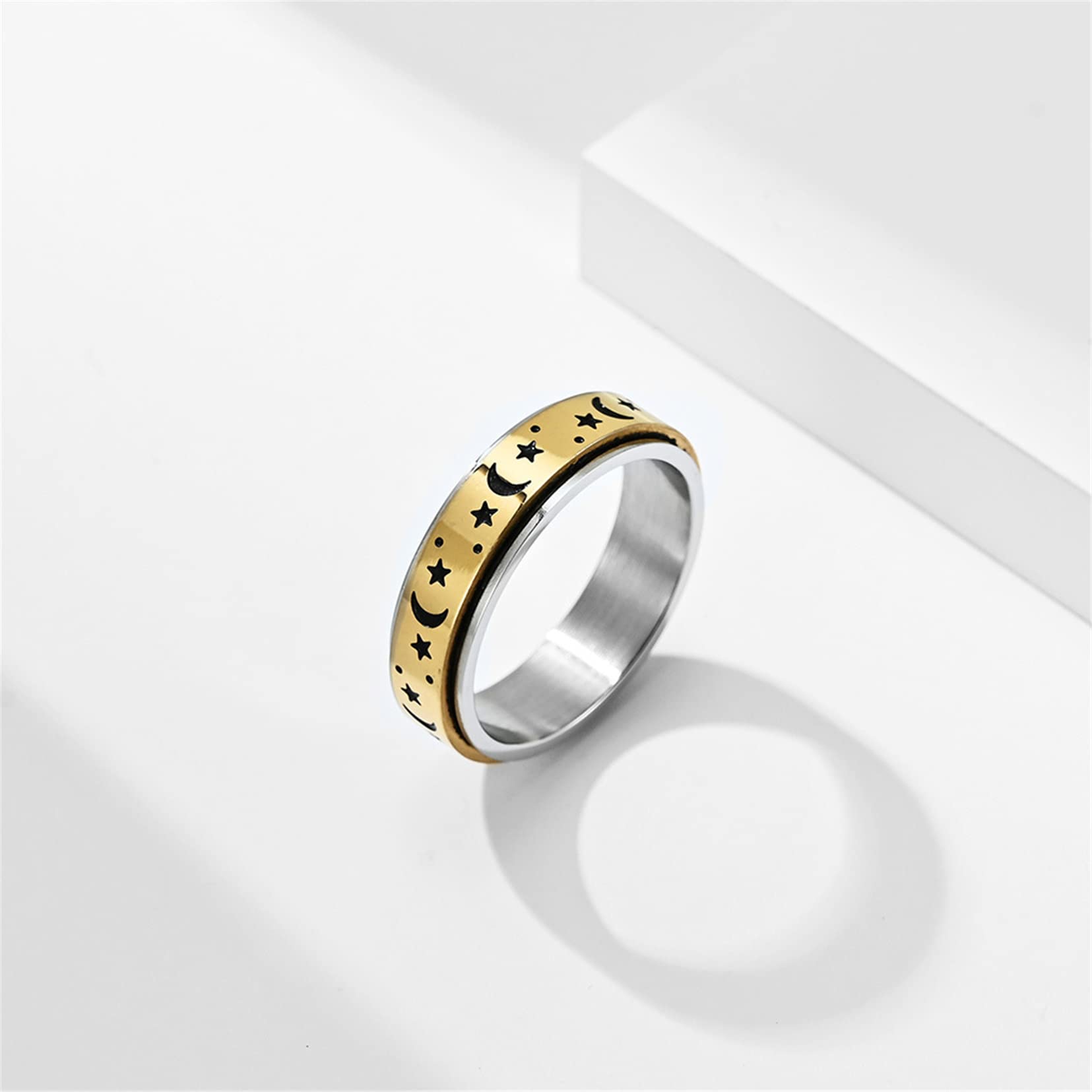 Bague de Fidget en Acier Inoxydable, Anneaux Rotatifs Lune et Étoile Bague de Fidget pour Femmes Hommes Bague de Spinner Anti-Stress Anneau de Mariage Taille 7-11 (Or, 8)