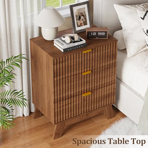 Image of Fluted Nightstand Sets of 2 with 3 Large Drawers, Wooden Side End Table with Elevated Legs for Easy Cleaning, Sturdy Modern Beside Table for Small Space, Bedroom, Walnut, 24 inch L