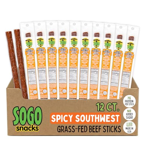Spicy Habanero Tex-Mex, Sogo Snacks, 100% Grass Fed Beef Sticks. No Sugar, Nitrates, Nuts, MSG. Non-GMO. Gluten Free Beef Jerky. Soy Free, Dairy Free Snacks. Paleo & Keto Snack (Tex-Mex, 12 Cnt)