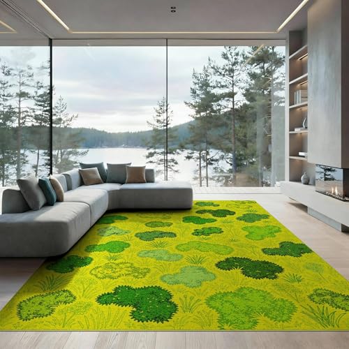 ODIKA 9'x12' Washable Abstract Grass Area Rug, Green Foldable Oversized Carpet for Great Room, Indoor Open Concept, Large Living Room, Low Profile Flatwoven Floor Covering | Ref:2025226