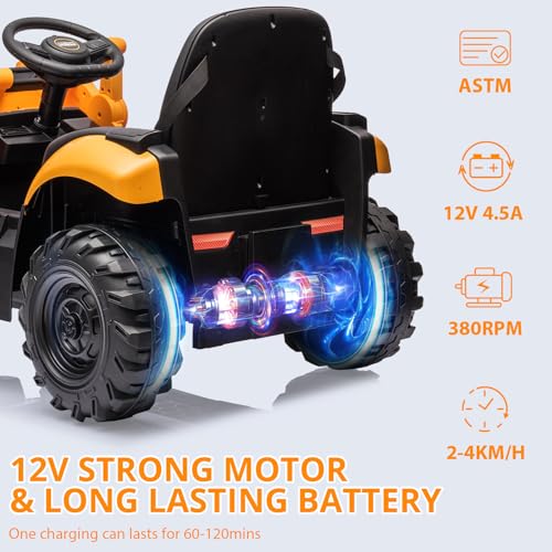 Image of 12V Ride on Excavator with Trailer & Front Loader Outdoor Gift for Boys Girls with 4-in-1 Construction Attachments (Excavator, Dump Truck Bulldozer), Tractor Remote Control Yellow