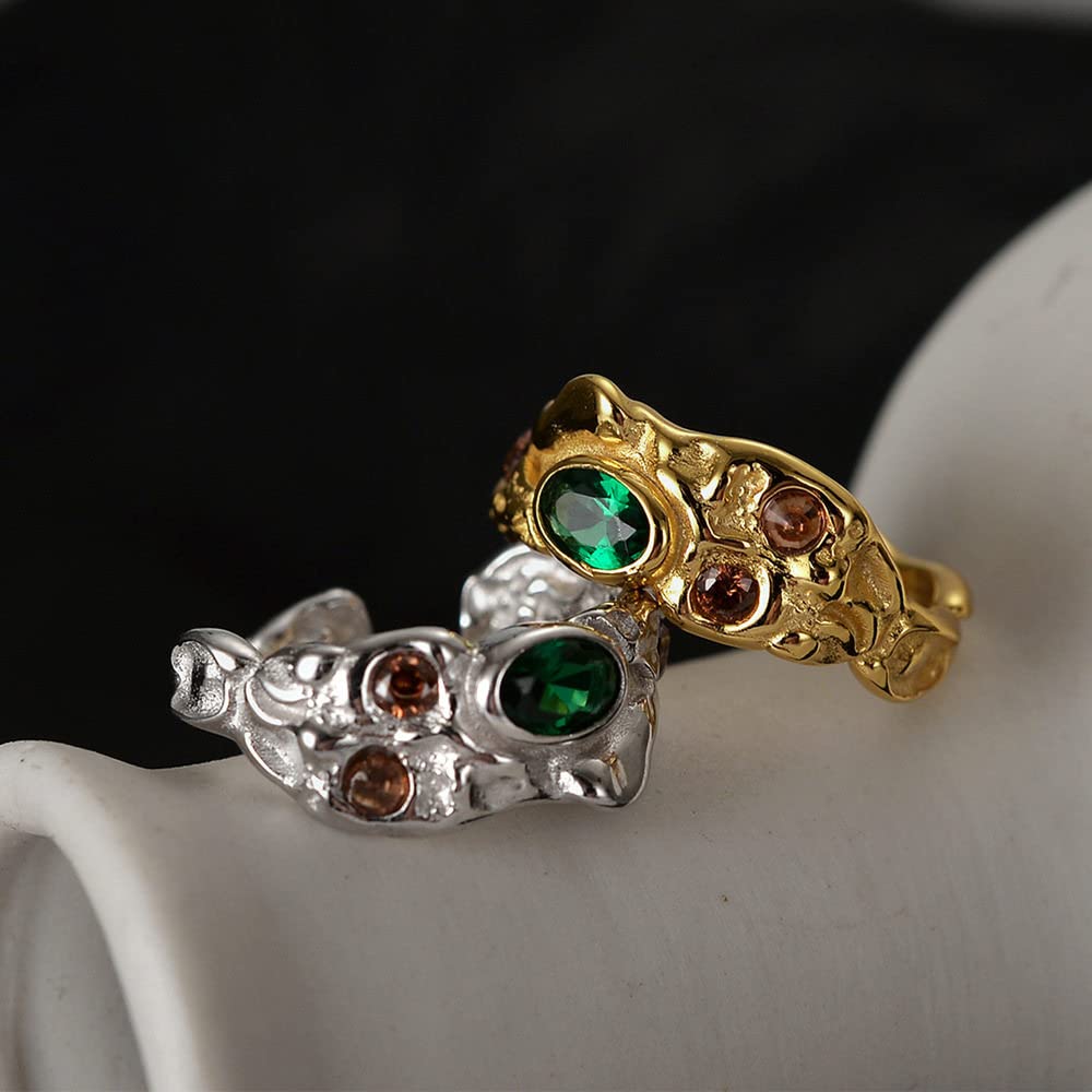 Anello In Argento Sterling 925,Anelli Regolabili Per Le Donne Anelli Di Eternità Forgiati A Mano Irregolari In Argento Sterling 925 Verde Zircone Anelli Di Fidanzamento Placcati In Oro Anelli Di Fi