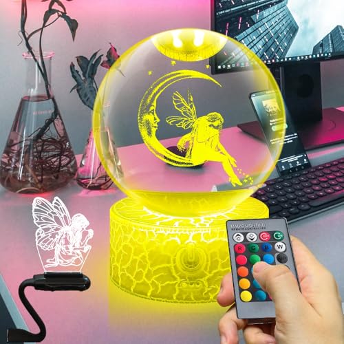 Fanrui 3D carino bella luna fata Lampada a sfera di cristallo, grande 80MM globi luna angelo ragazze sfera di vetro decorazione luce notturna, 16 colori LED lampada di controllo Remite & Dimmerabile