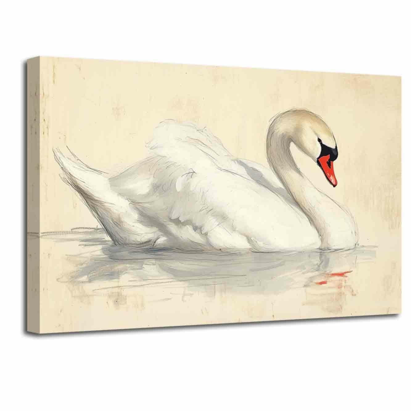 LZIMU Schwan Leinwandbild Weißer Schwan auf See Kunstdrucke Vintage Elegante Tiergemälde Rustikale Vögel Poster Kunstwerk Wohnzimmer Schlafzimmer Badezimmer Dekoration (Beige, (50L x 75B cm))