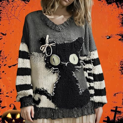 Women's Horror Halloween Spooky Face Stitched Cozy Knit Sweater Funny Top Pumpkin Face Sweatshirts for Women Contrast Print2