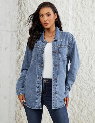 luvamia Denim Jackets for Women Trendy Long Sleeve Button Down Shirt Jacket Jean Shacket with Pocket Western Work Jacket2