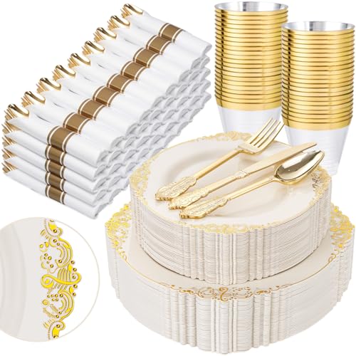 Nervure 350PCS Ivory Plastic Plates - Ivory Gold Plastic Dinnerware