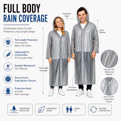 Image of OTOROYS Waterproof Long Rain Coat with Hood for Men, Women, Boys & Girls | Universal Full Length Reusable PVC Raincoat | Lightweight Portable Rain Ware for Bike Riding, Travel & Outdoor, Grey