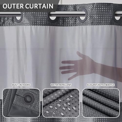 Furlinic No Hook Waffle Weave Shower Curtain with Snap in Fabric Liner Set,Heavy Duty Textured Bathroom Curtain with See Through Window,Waterproof & Machine Washable,Dark Grey,54x80 Inch by Furlinic - Image 2