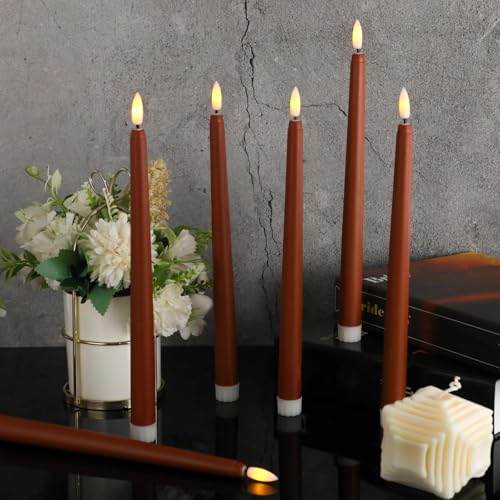 Image of Macarrie 24 Packs Flameless Taper Candles Battery Operated Fake 11 Inch Long Candlelight LED Flameless Candlesticks Flickering Tapered for Summer Fall Wedding(Brown)