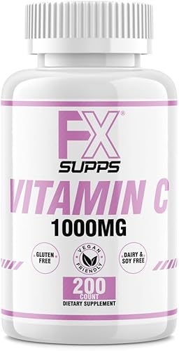 FXSUPPS Vitamina C 1,000 mg 200 unidades (1 paquete de 200 tabletas) | Suplemento de vitamina C vegano para hombres y mujeres adultos | Apoya el