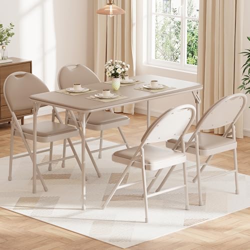 JoanKaren 4 Foot Folding Table, Portable Indoor Outdoor Foldable Card Table with Lockable Metal Legs & PU Leather Tabletop, Heavy Duty for Picnic, Party, Wedding, BBQ, Camping(Beige) by JoanKaren - Used condition - CA$42.55