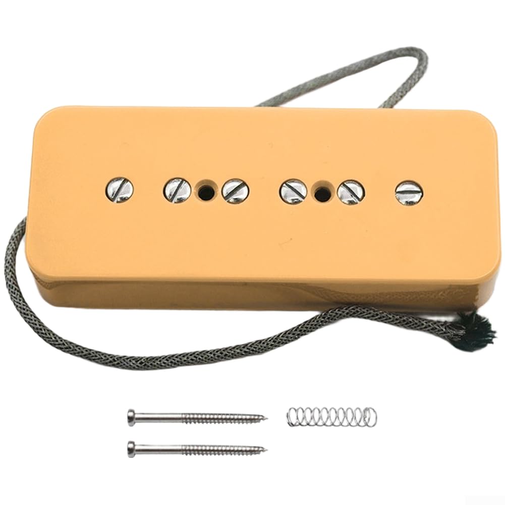 Alnico 2 P90 przetwornik, pojedyncza cewka do gitary elektrycznej, mostek, szyja, czarna, biała, woskowane szpule, regulowane bieguny, 85 x 35 mm (żółty kołnierz gitarowy)