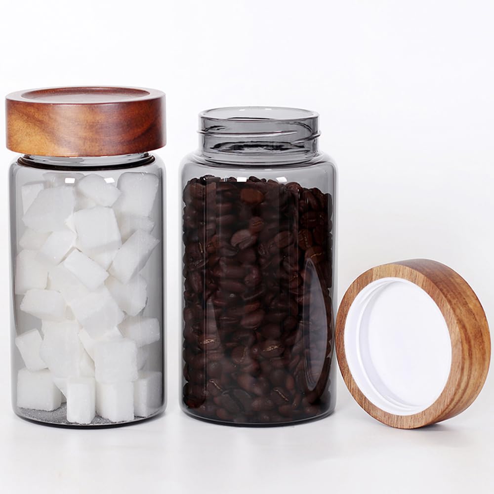 SAIOOL Glass Food Storage Jars With Wood Lids - 580ml Airtight Kitchen Canisters, 2-Pack