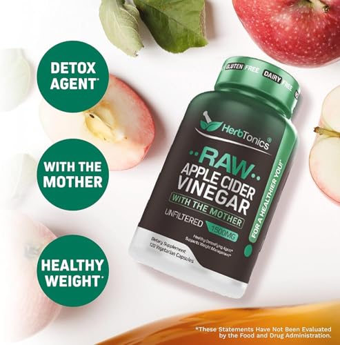 Image of Herbtonics Apple Cider Vinegar Capsules 1500mg with Mother - Triple Strength Formula for Weight Loss | Detox & Sugar Control | Metabolic Support & Digestion - USA Brand - 120 Vegan Capsules