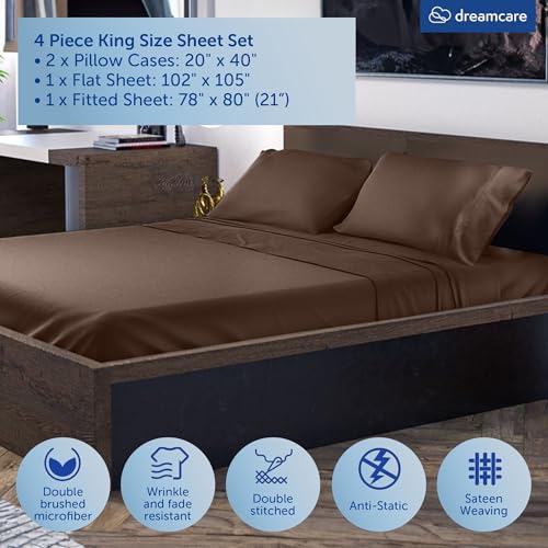 Image of DREAMCARE Queen Sheet Set - 4 pcs Breathable Cooling Sheets - up to 21 inch Extra Deep Pocket Queen Sheets Set with Side Pockets - Extra Soft 100% Brushed Hypoallergenic Hotel Luxury Bedding - Mocha Brown