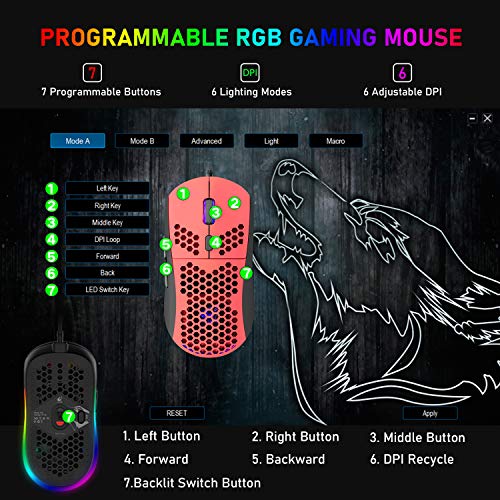 Honeycomb Wired Gaming Mouse,7 Programmable Buttons And Rgb Backlight,6400 Adjustable Dpi And Ergonomic,Ultraweave Cable Lightweight Ultralight Computer Mice For Pc Gamers,Windows,Xbox,Ps4(Red) #TOP6