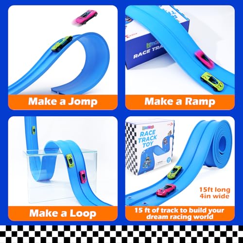Image of Flexible Race Track Toys for Kids: 15 Ft Flex Race Car Ramp Track with Suction Cups - Rolls Up Portable DIY Racetrack Compatible with Diecast 1 /64th Cars Model - Birthday Gifts for Boys Girls Ages 3+