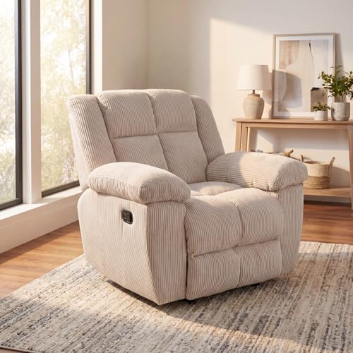 Image of Oversized Corduroy Manual Lounge Recliner Chair Bed, White